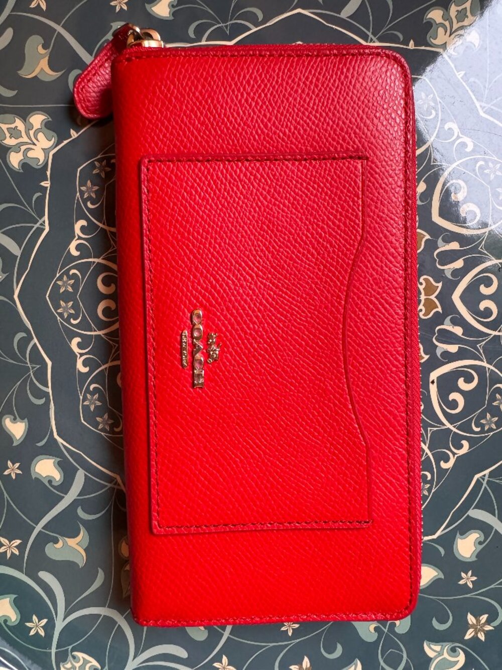 Coach F54007 Accordion Wallet Red crossgrain Pebbled leather.